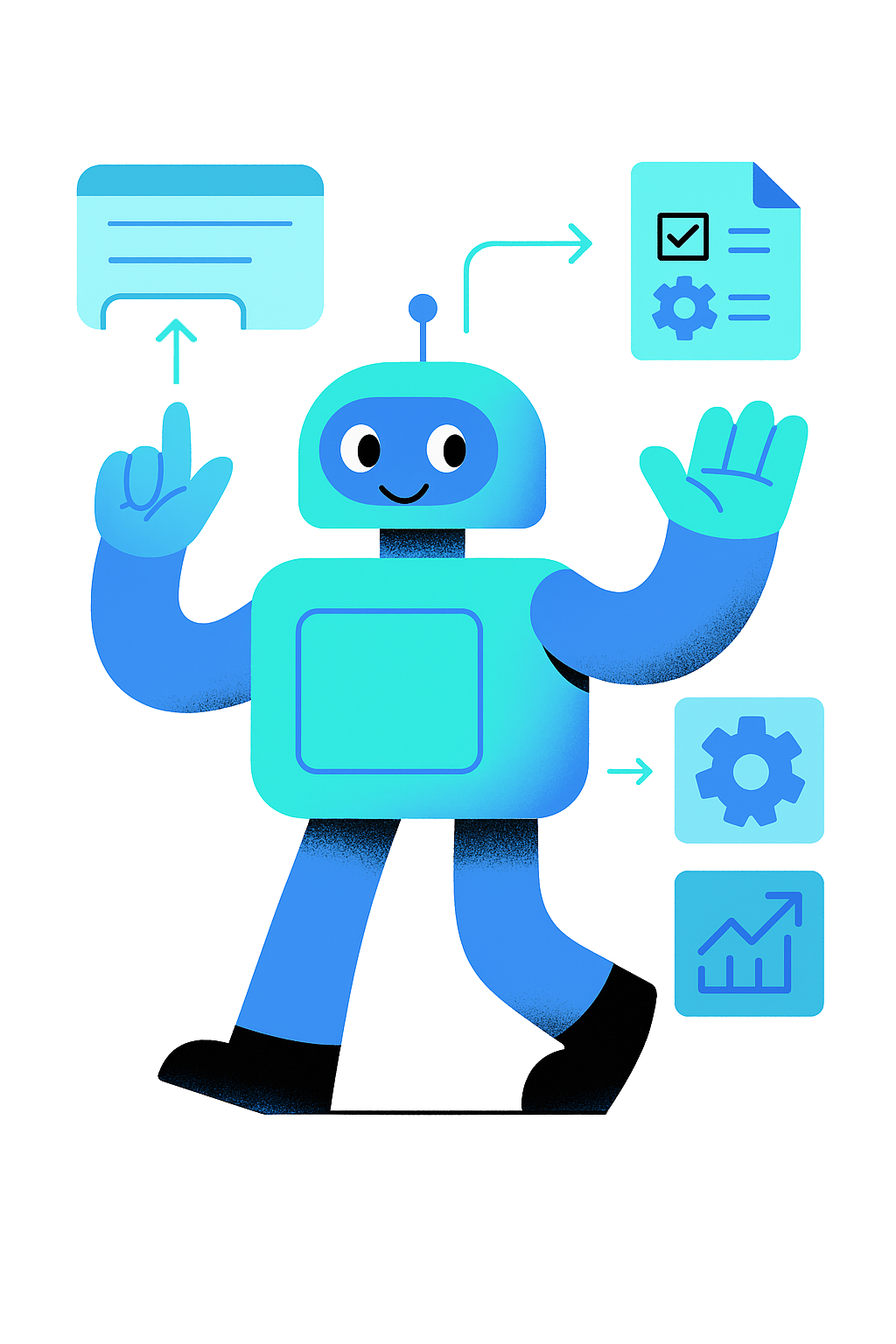 Ilustrace robota Agentile, který navrhuje nové automatizace procesů.